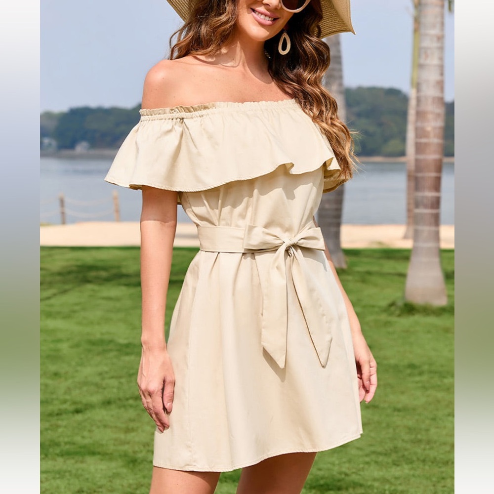 Cupshe Strapless Cream Dress with Tie Waist